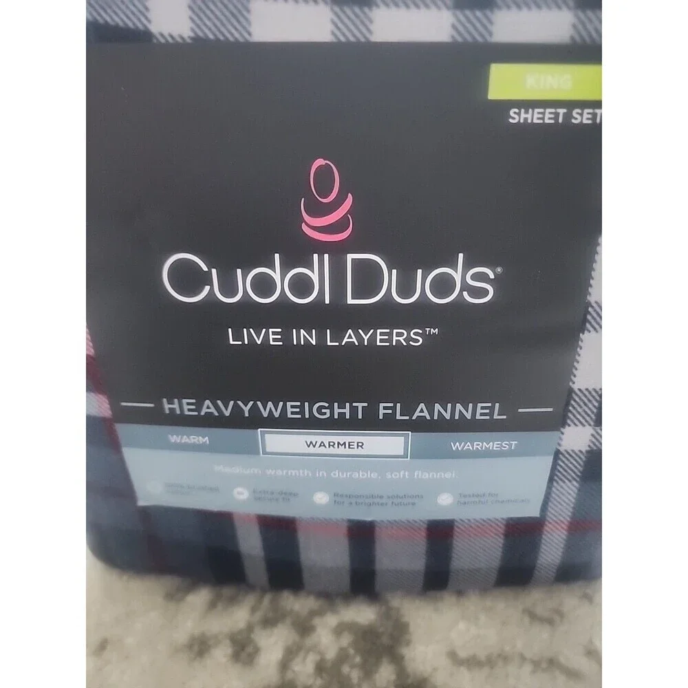 Cuddl Duds King Heavyweight Flannel Sheet Set Navy Plaid Brushed Cotton Durable